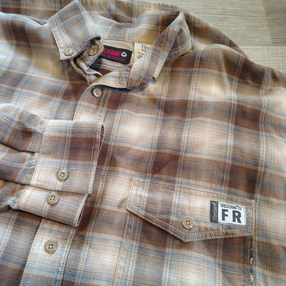 Wolverine FireZero FR Flame Resistant Plaid Work Shirt XL Brown Tan NFPA 2112